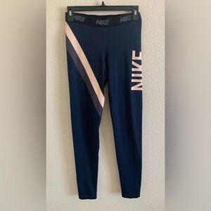 Nike Women's Navy Leggings with Pink Stripes